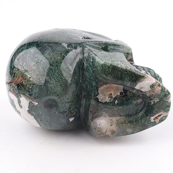 Moss Agate Druzy Geode Skull Carving - Picture 9 of 11